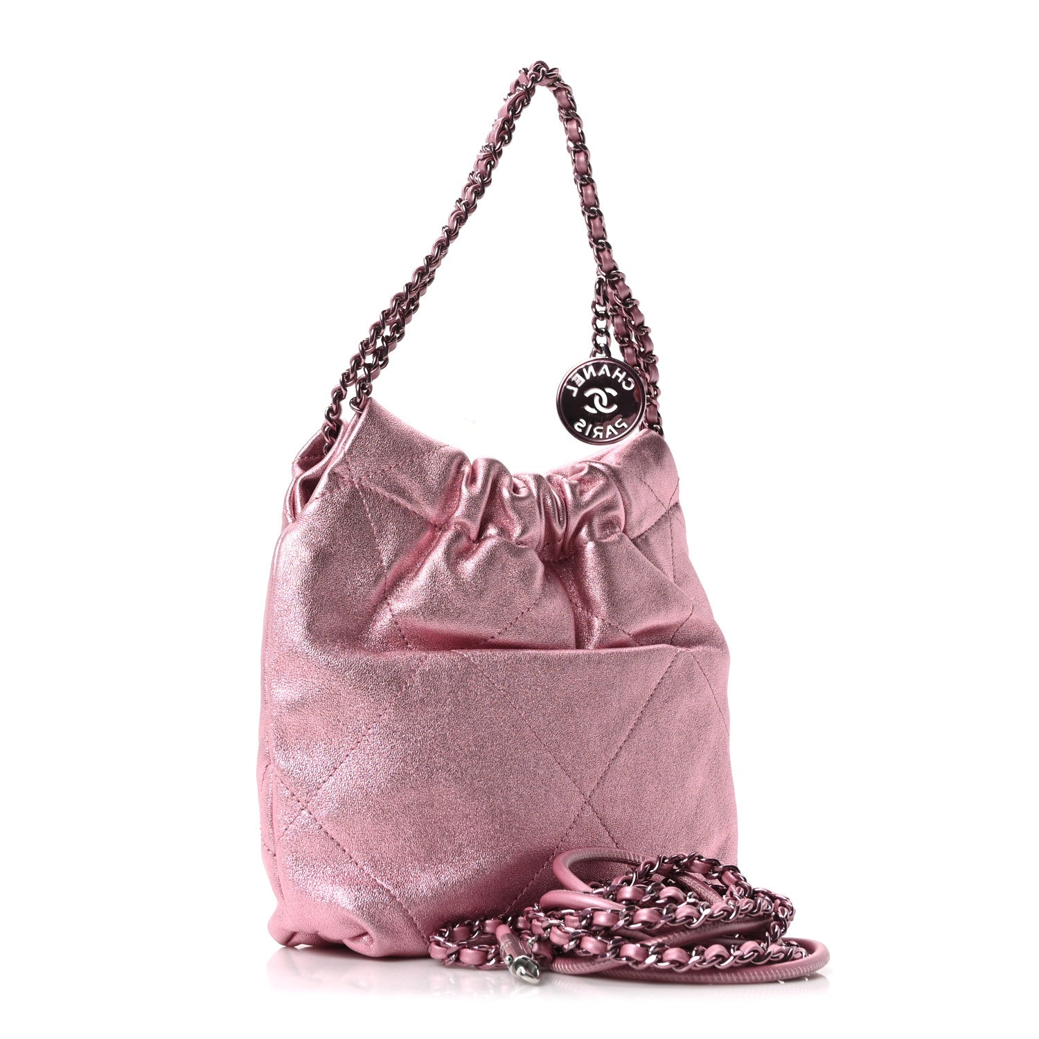 Metallic Lambskin Lacquered Monochrome Quilted Mini Chanel 22 Pink