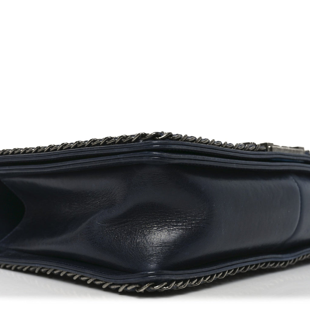 Glazed Calfskin Quilted New Medium Boy Chained Flap Navy