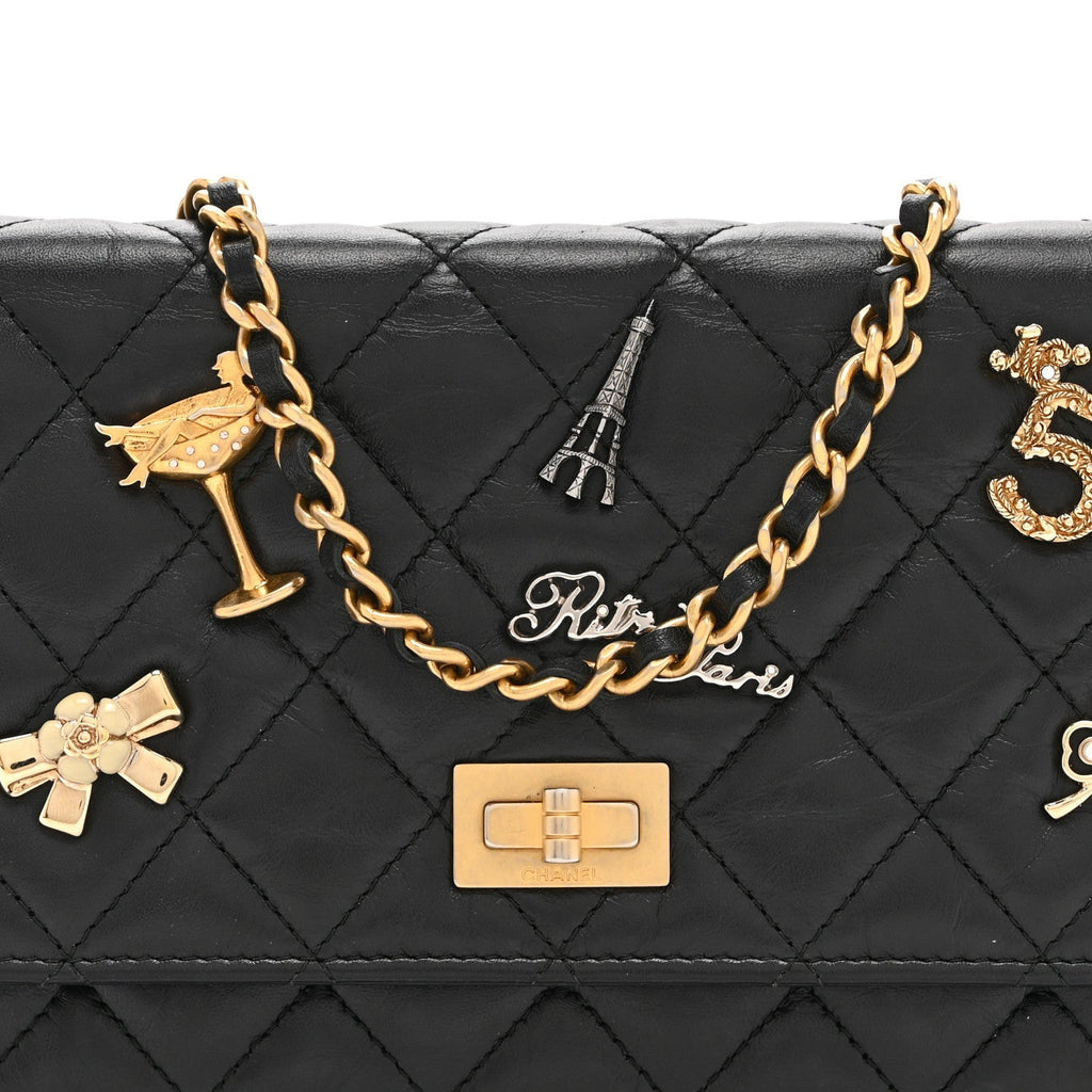 Aged Calfskin Quilted Lucky Charms 2.55 Reissue Wallet On Chain WOC Black