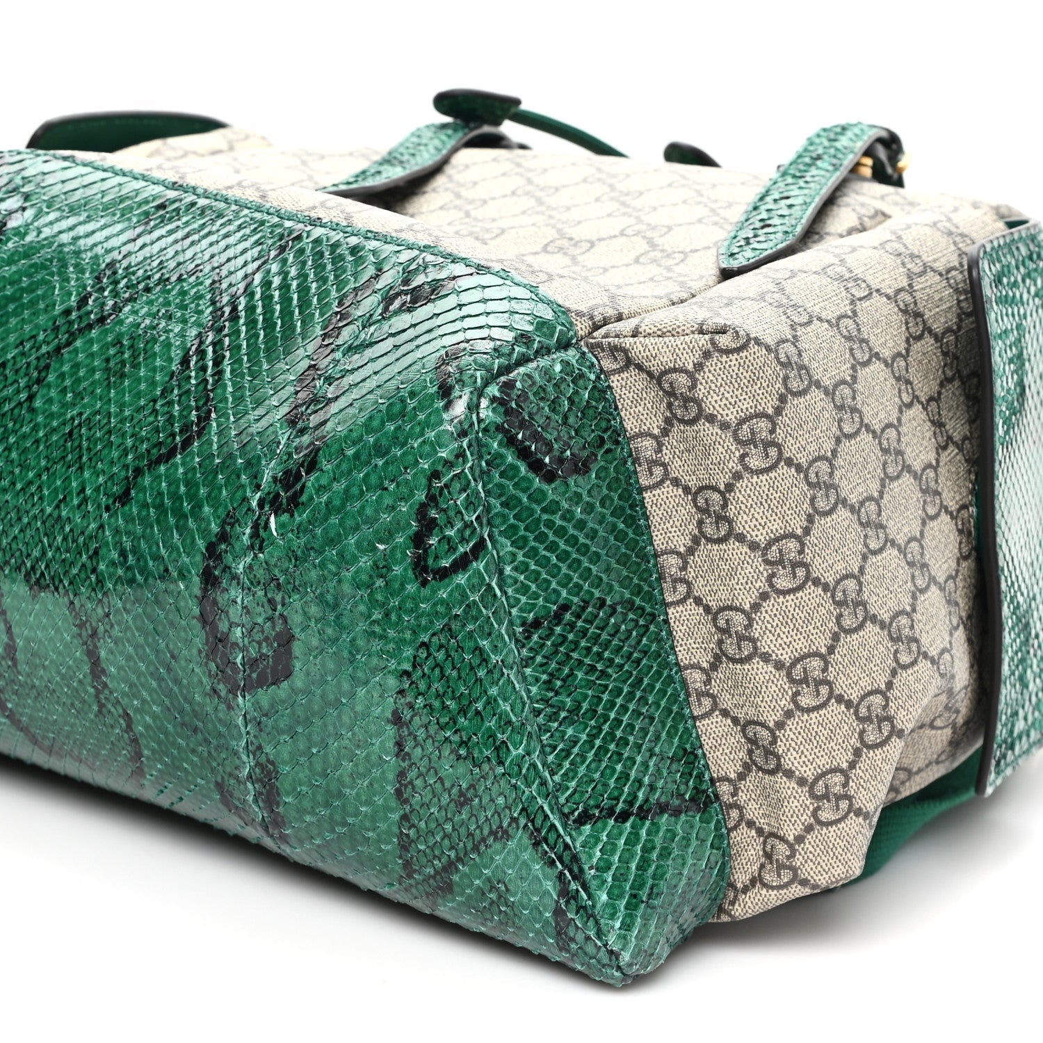GG Supreme Monogram Snakeskin Ophidia Double Buckle Backpack Brown Green