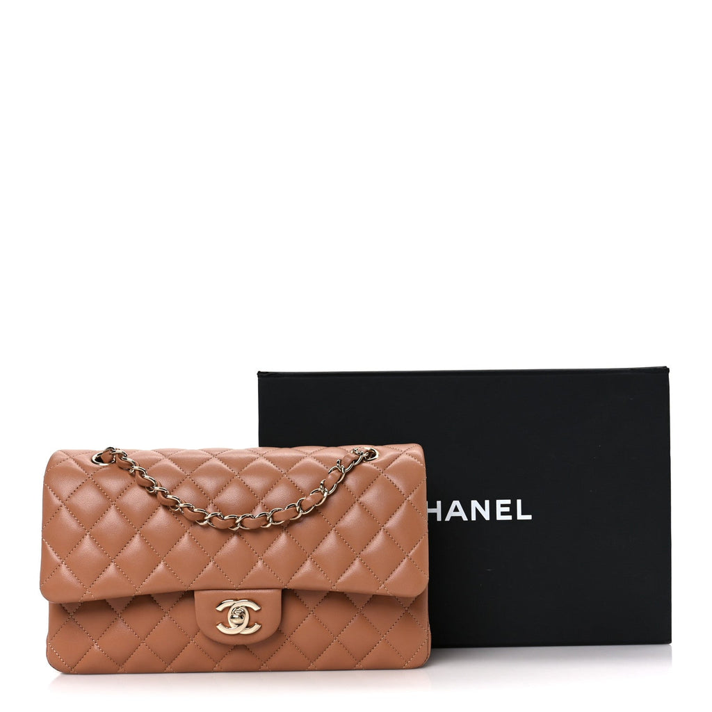 Lambskin Quilted Medium Double Flap Brown