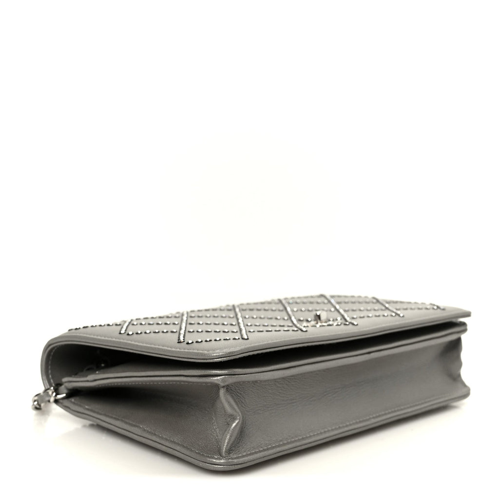 Lambskin Crystal Quilted Wallet On Chain WOC Grey