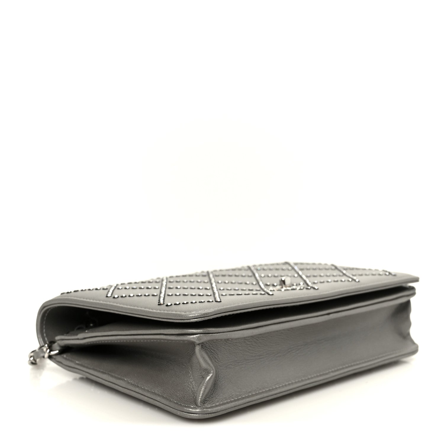 Lambskin Crystal Quilted Wallet On Chain WOC Grey
