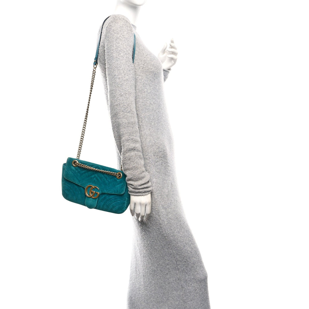 Velvet Matelasse Small GG Marmont Shoulder Bag Pavone Cyan