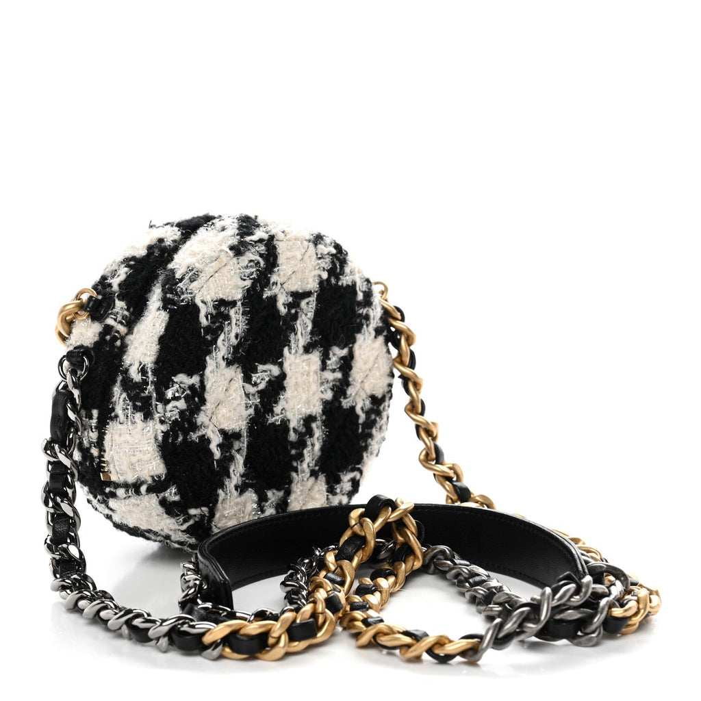 Wool Tweed Lambskin Quilted Chanel 19 Round Clutch With Chain and Coin Purse Black White