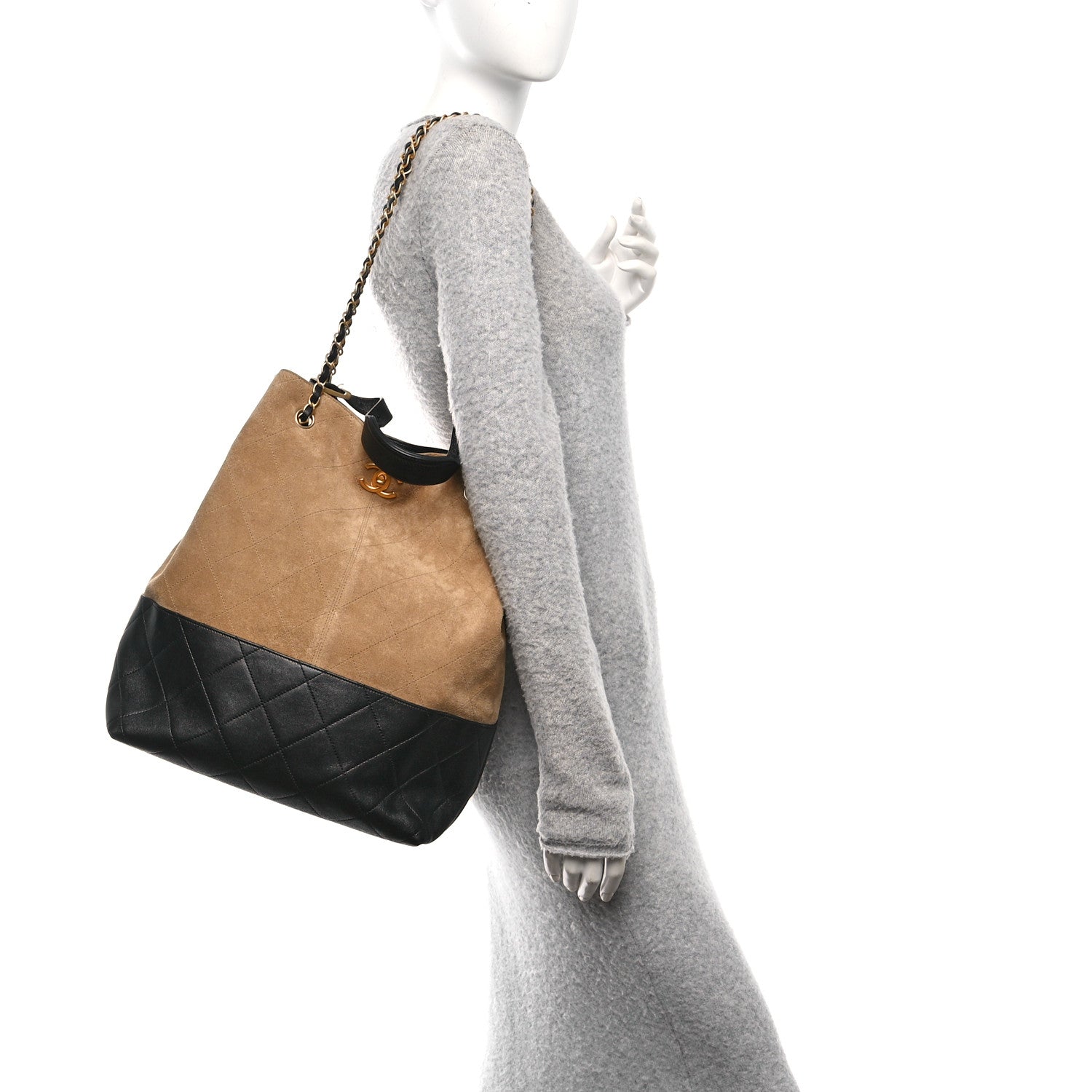 Suede Shiny Lambskin Quilted Large Shopping Bag Beige Black