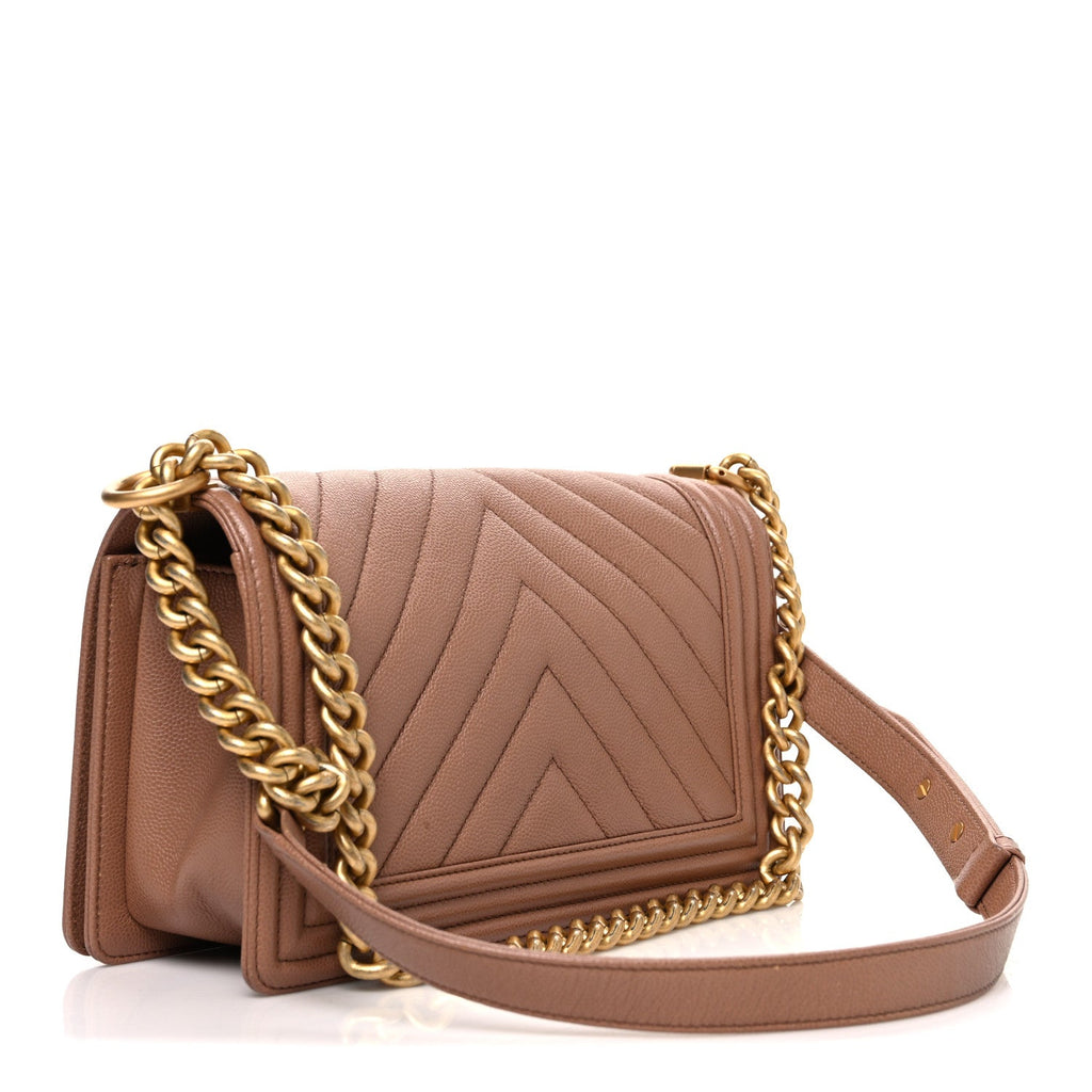 Caviar Chevron Quilted Medium Boy Flap Dark Beige
