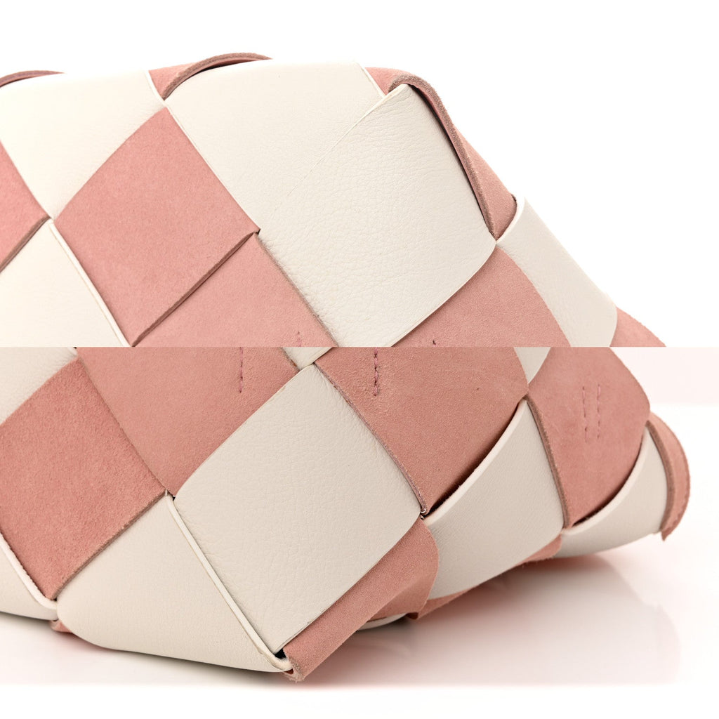 Calfskin Suede Gingham Woven Basket Bag Soft Pink White