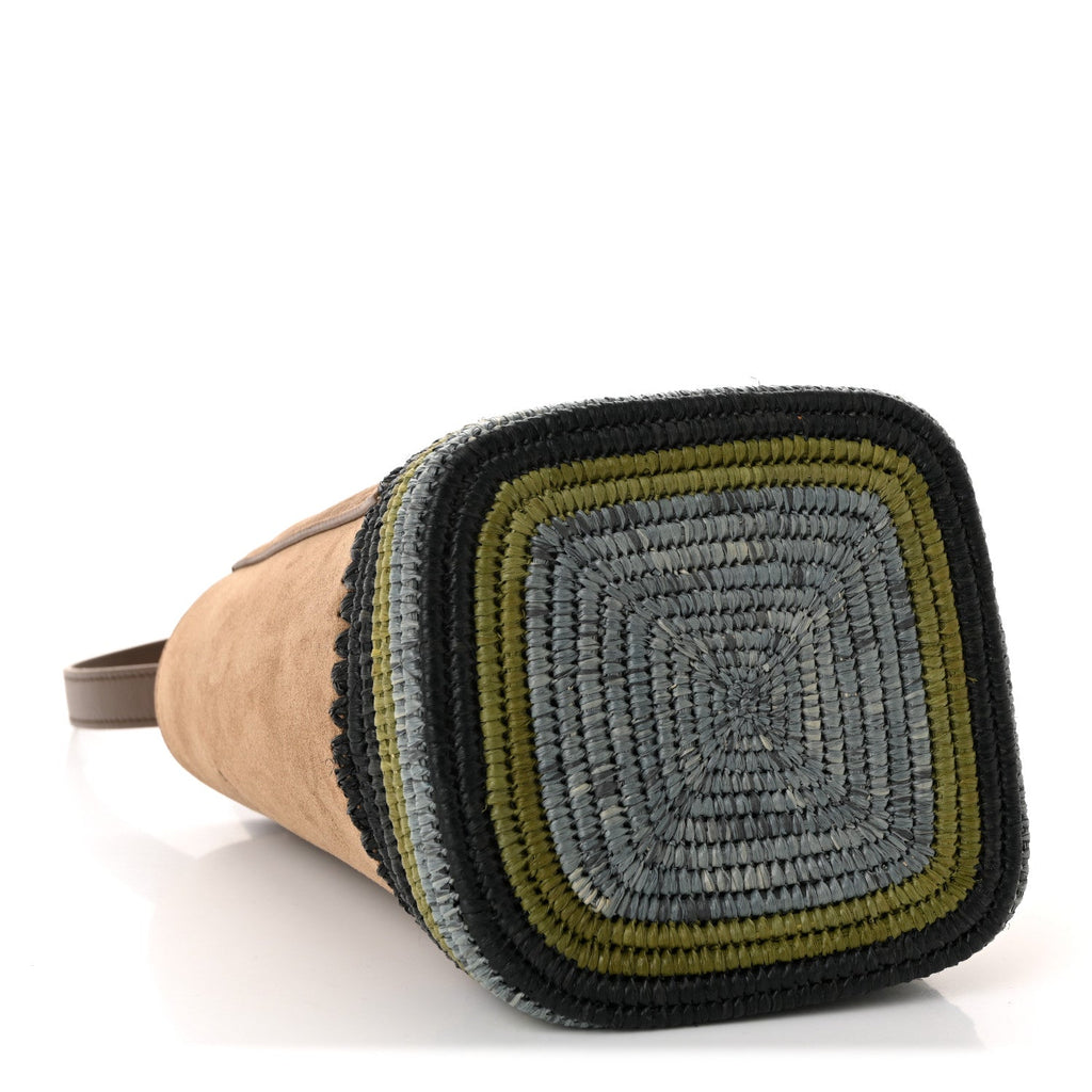 Suede Raffia Striped Mini Pebble Bucket Bag Brown
