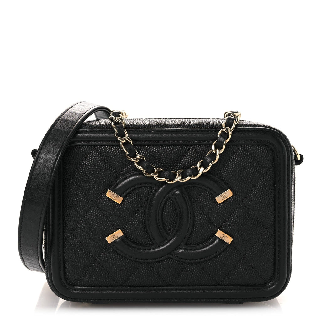 Caviar Quilted CC Filigree Vanity Clutch With Chain Black