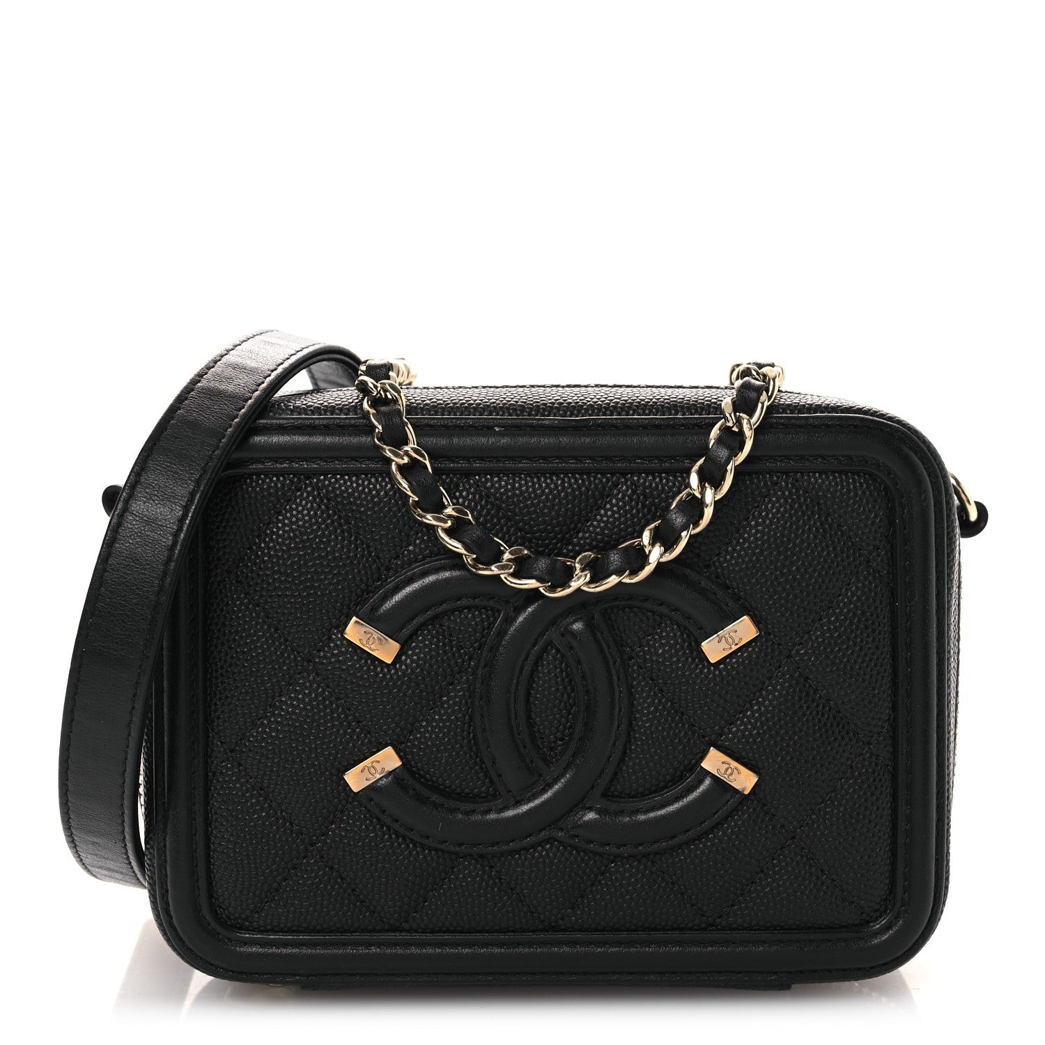 Caviar Quilted CC Filigree Vanity Clutch With Chain Black