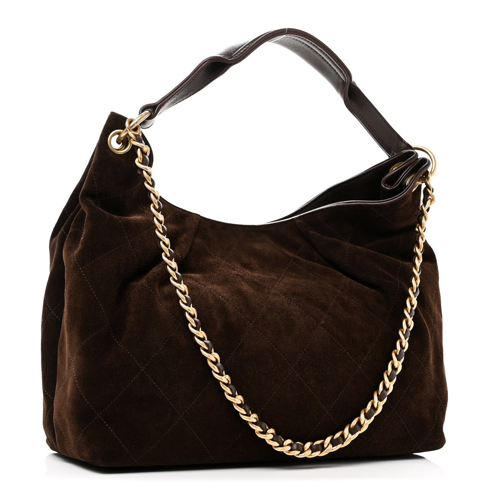 Suede Calfskin Lambskin Quilted Maxi Hobo Dark Brown