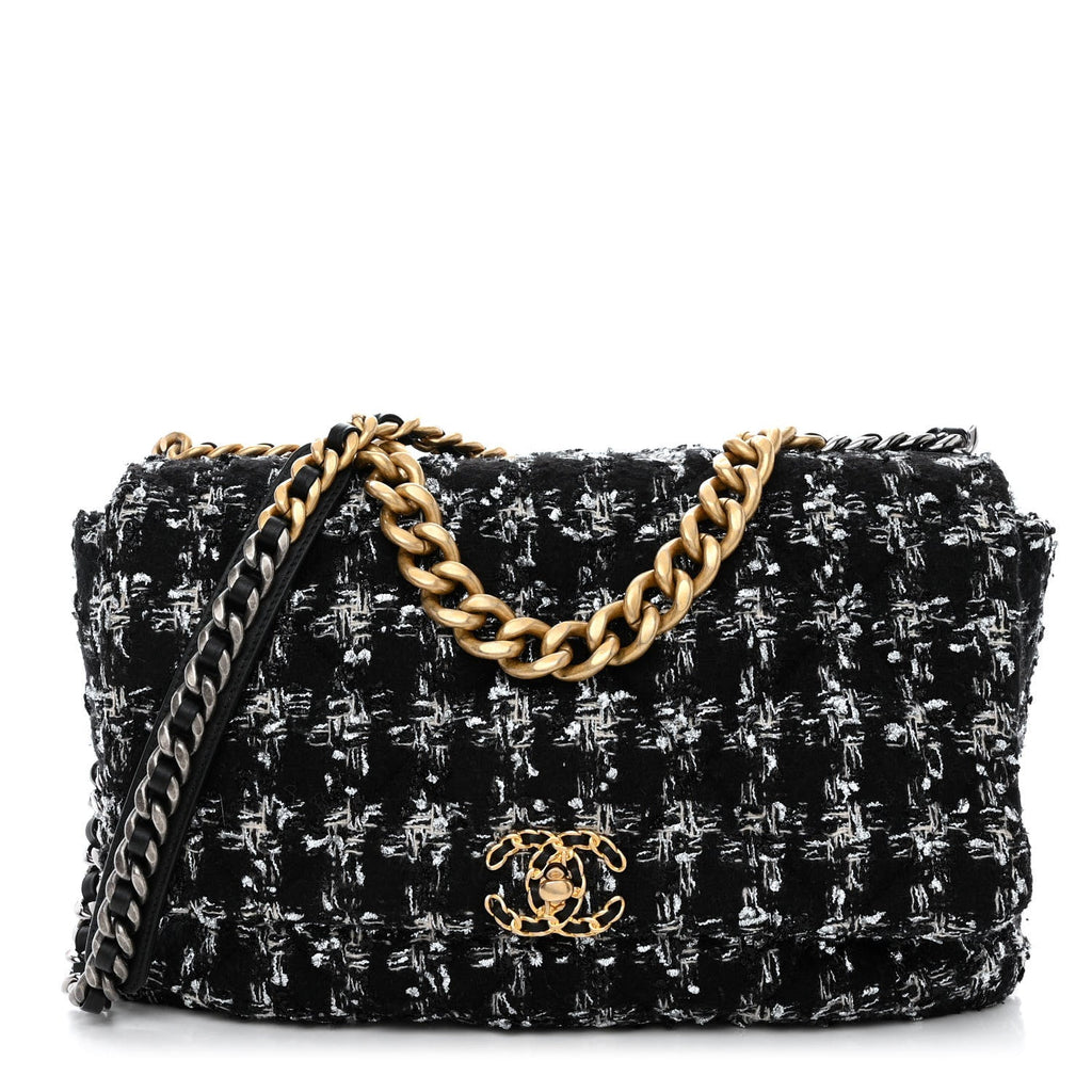 Tweed Quilted Maxi Chanel 19 Flap Black Silver Ecru