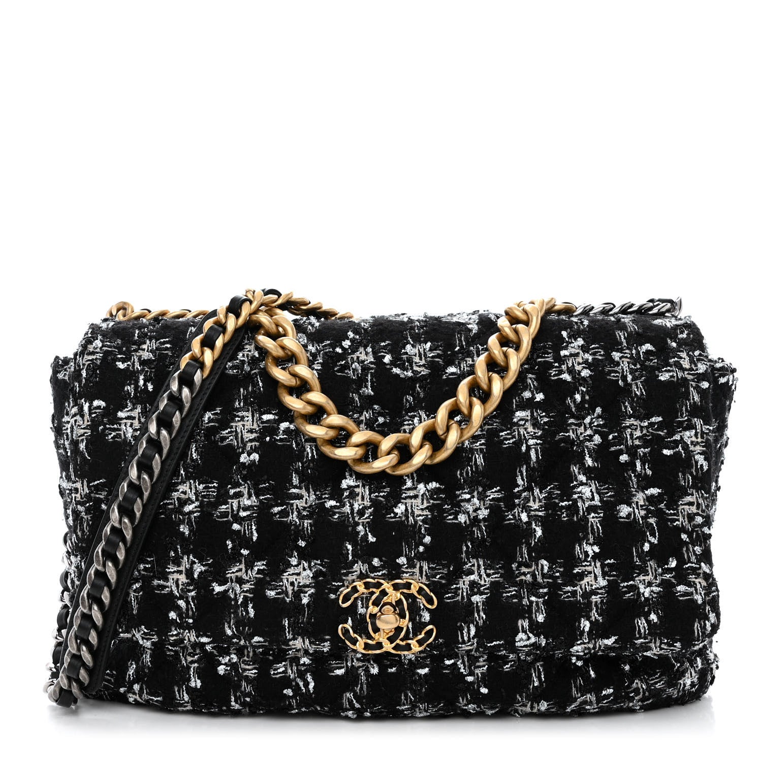 Tweed Quilted Maxi Chanel 19 Flap Black Silver Ecru