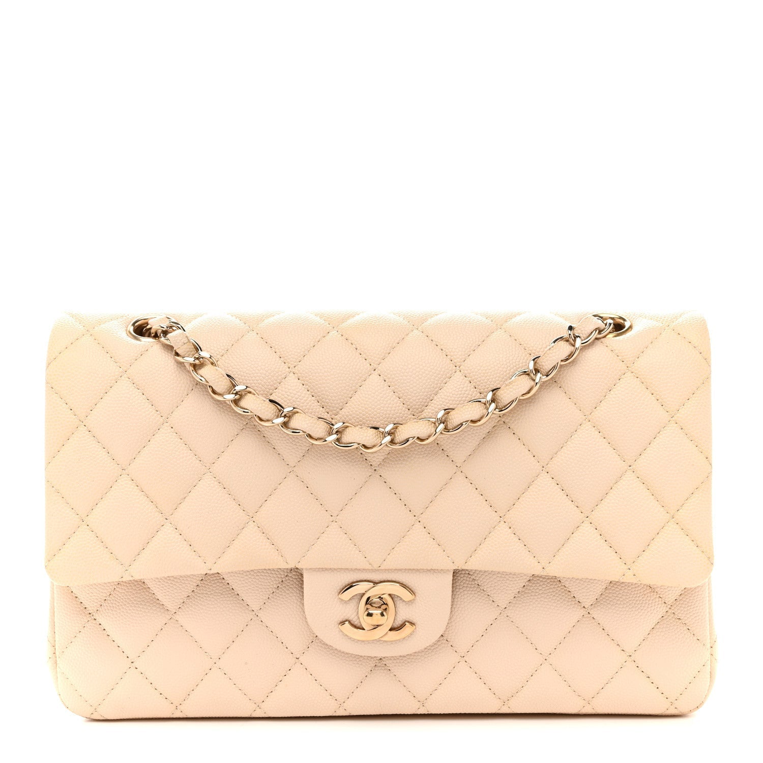 Caviar Quilted Medium Double Flap Light Beige