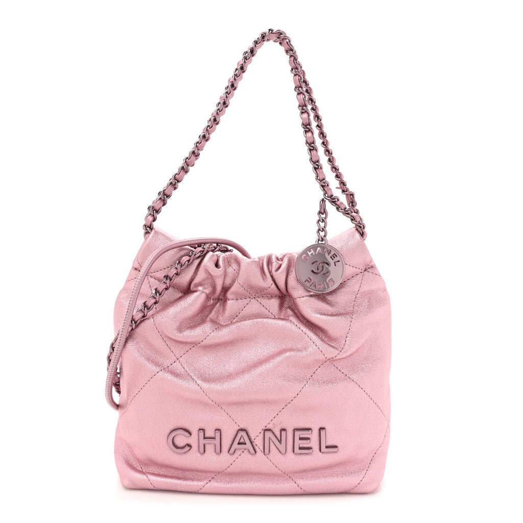 Metallic Lambskin Lacquered Monochrome Quilted Mini Chanel 22 Pink