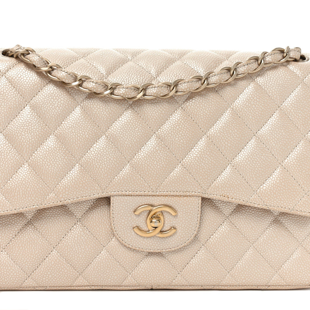 Iridescent Caviar Quilted Jumbo Double Flap Beige