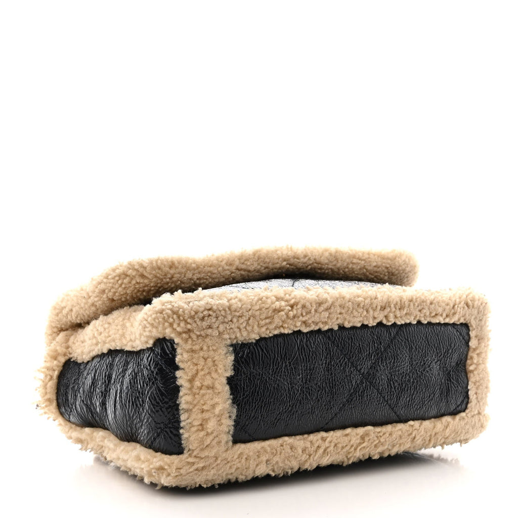 Crumpled Calfskin Shearling Sheepskin Quilted Medium Chanel 19 Flap Navy