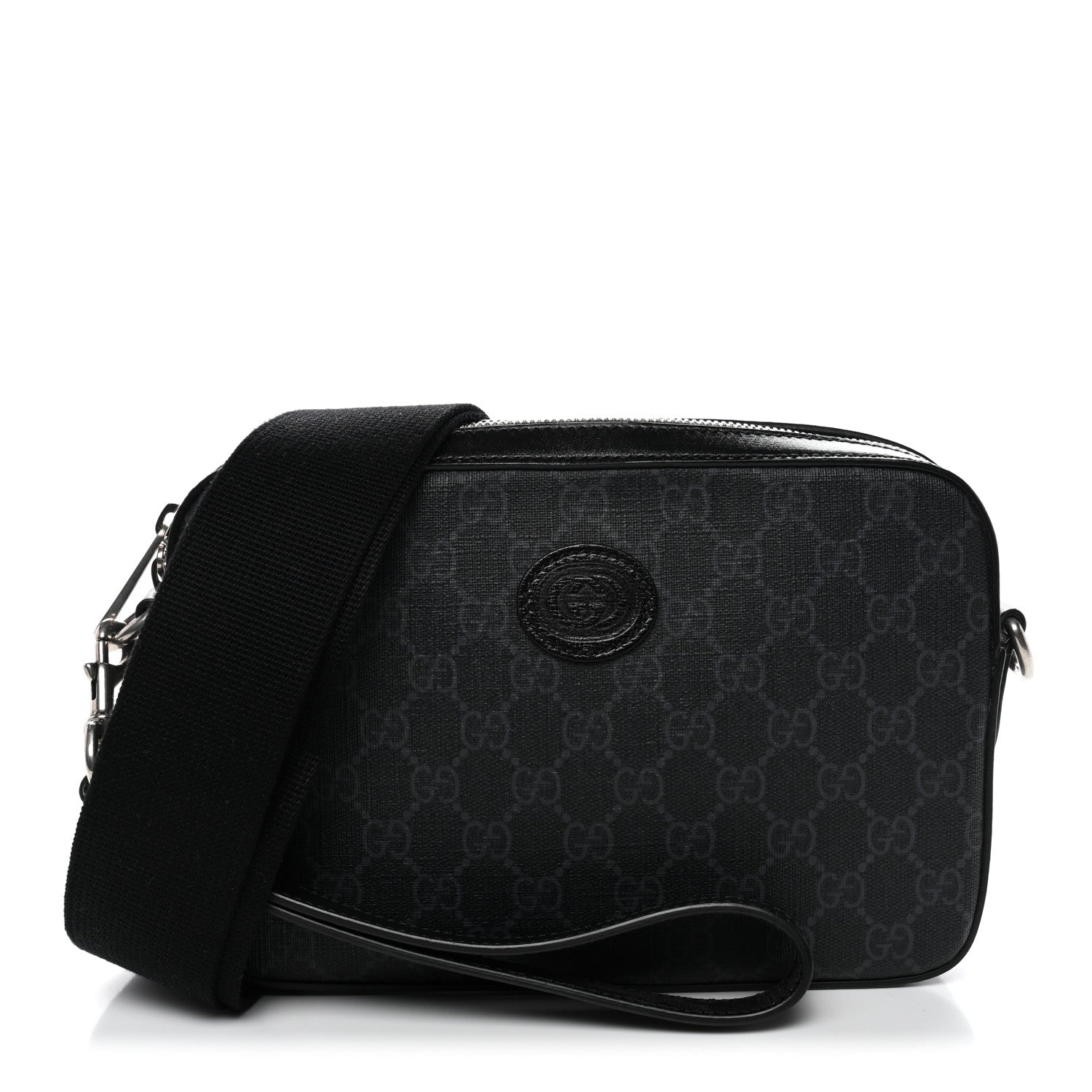 GG Supreme Monogram Azalea Calfskin Retro Interlocking G Wristlet Shoulder Bag Black