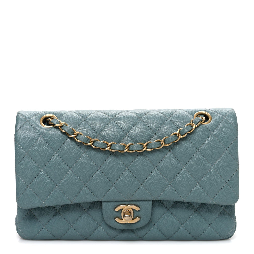 Iridescent Caviar Quilted Medium Double Flap Light Blue