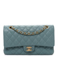 Iridescent Caviar Quilted Medium Double Flap Light Blue