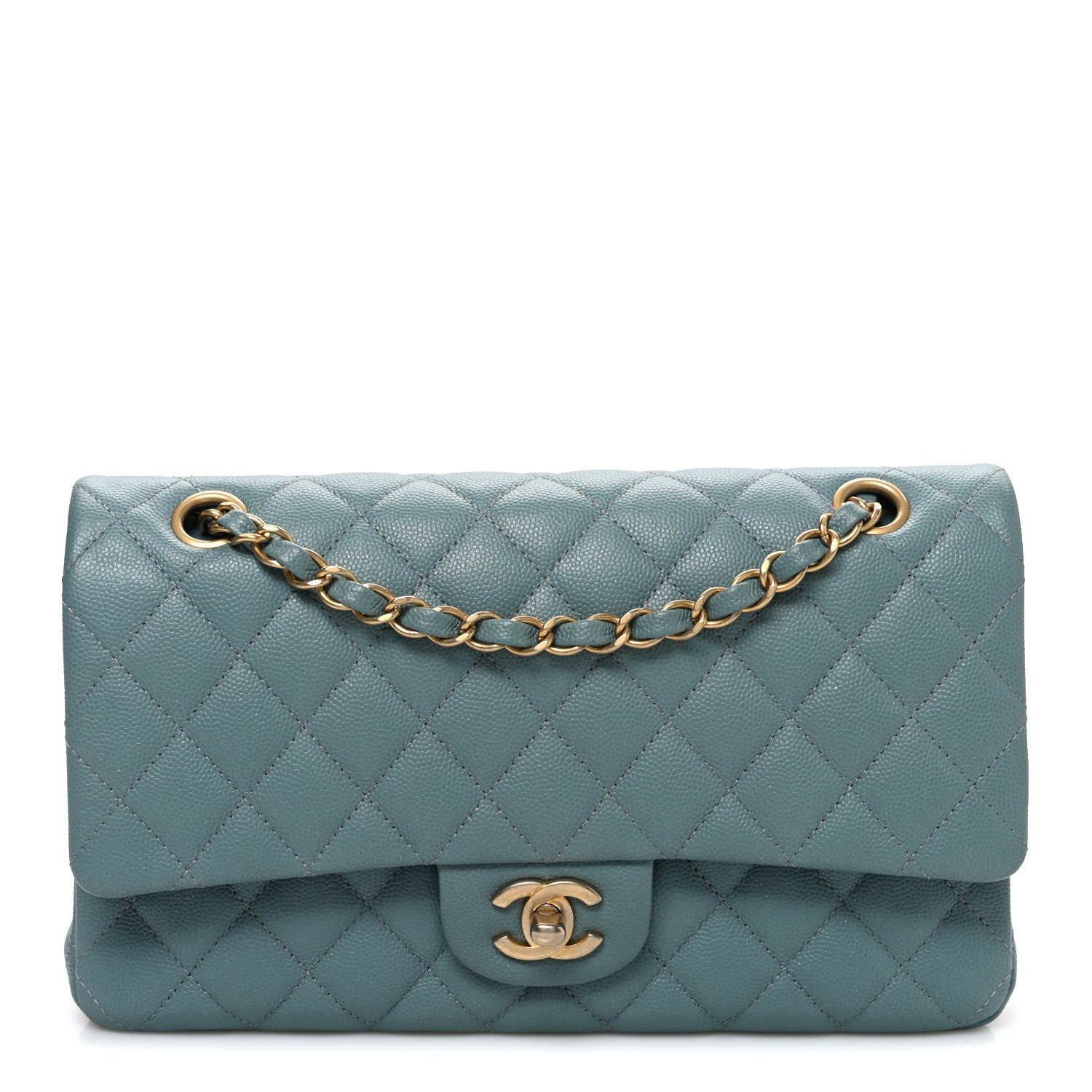 Iridescent Caviar Quilted Medium Double Flap Light Blue