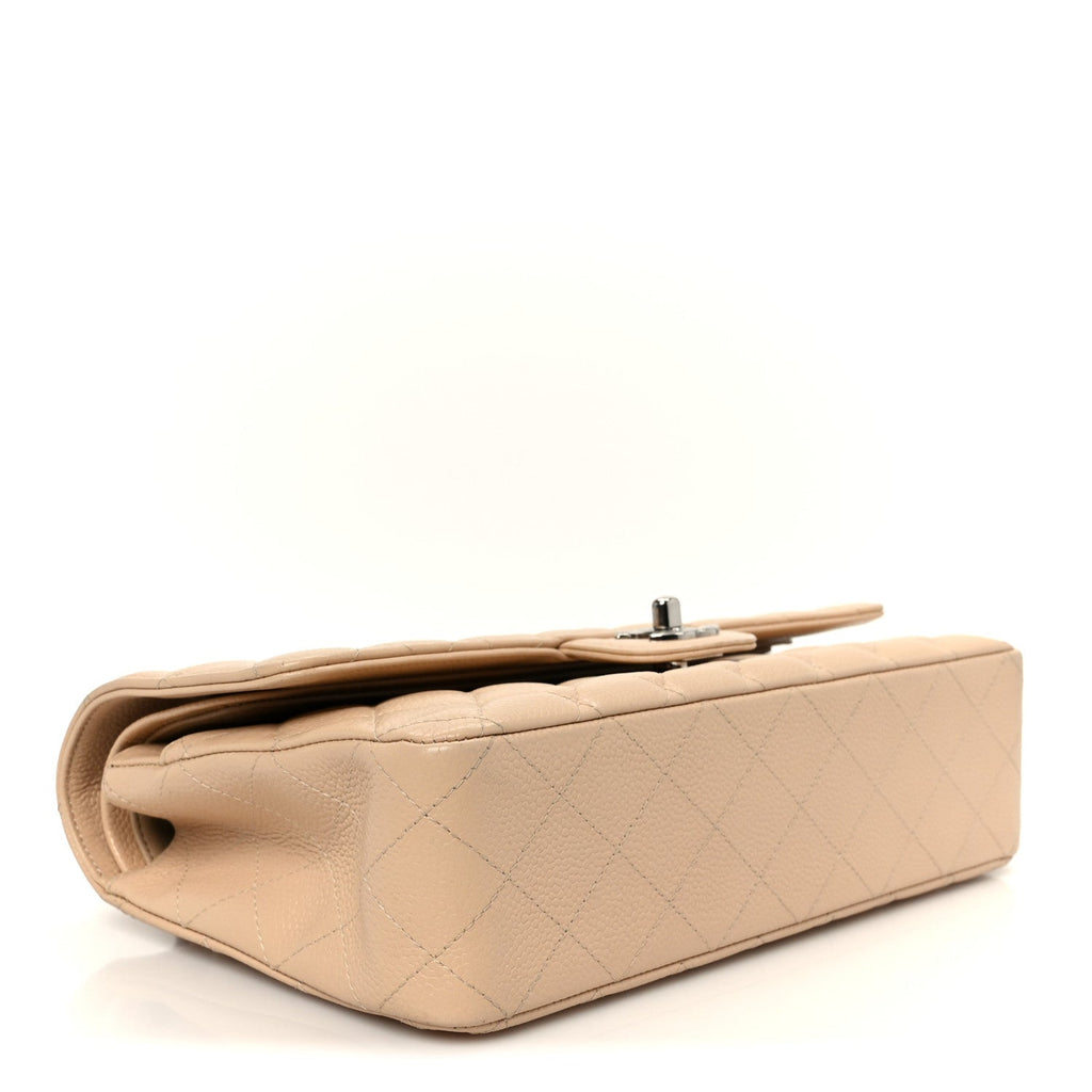 Caviar Quilted Medium Double Flap Beige