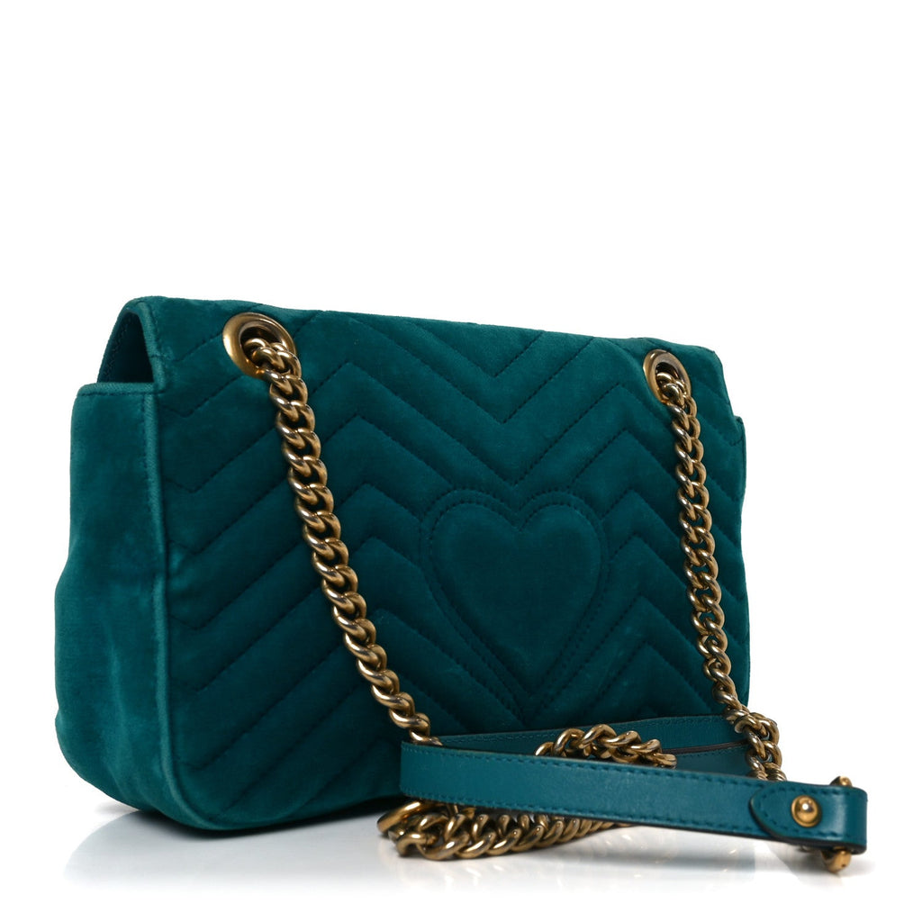 Velvet Matelasse Small GG Marmont Shoulder Bag Pavone Cyan