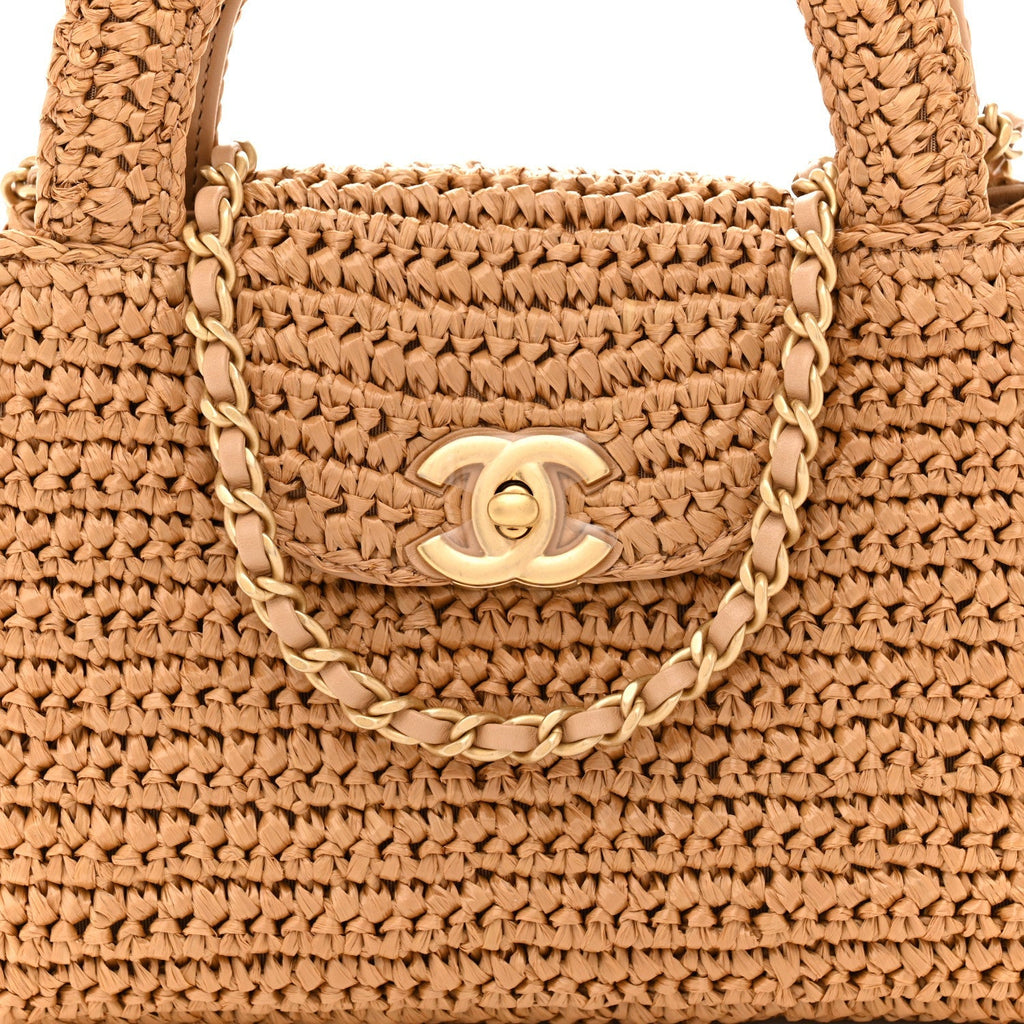 Braided Raffia Nano Kelly Flap Bag Dark Beige