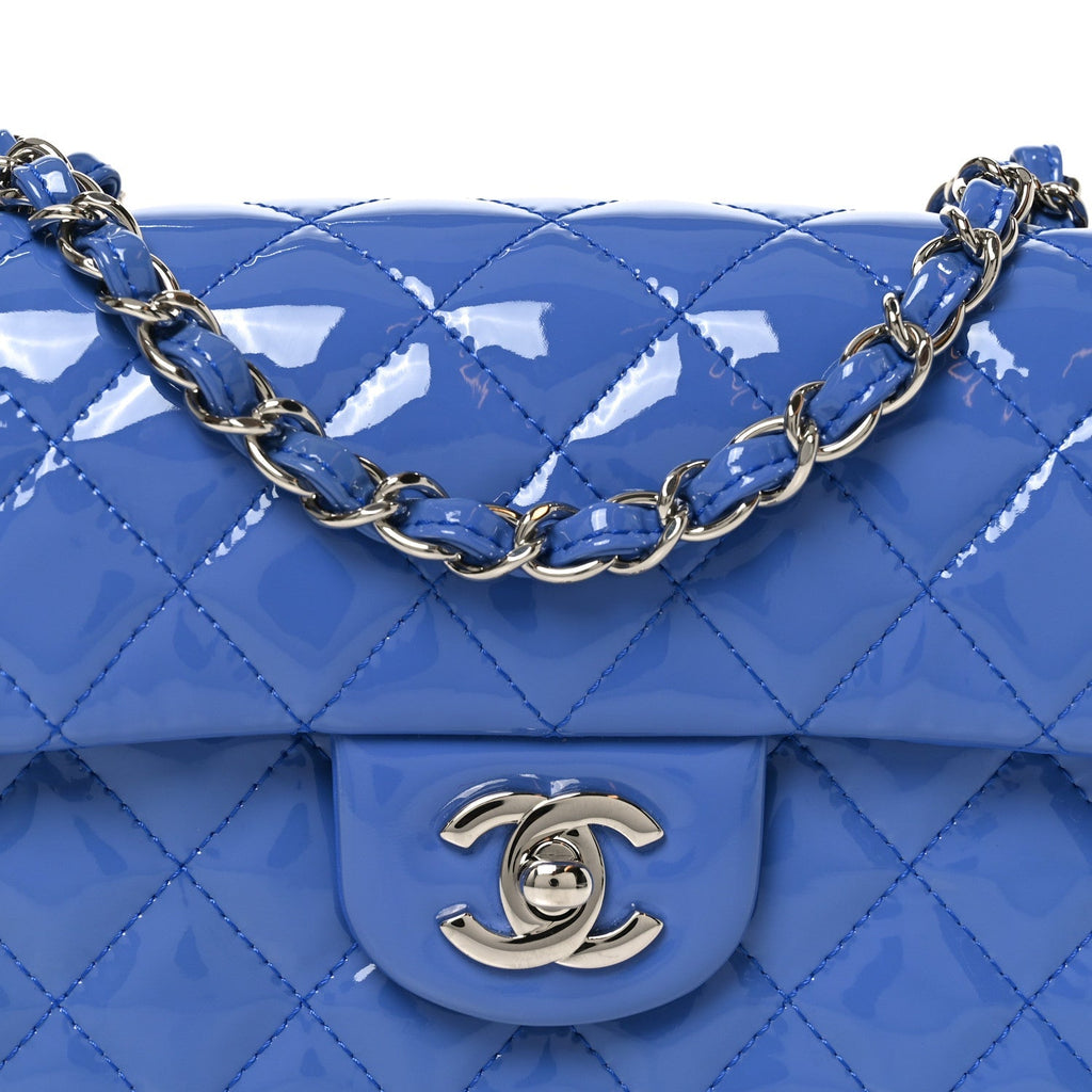 Patent Calfskin Quilted Mini Rectangular Flap Blue