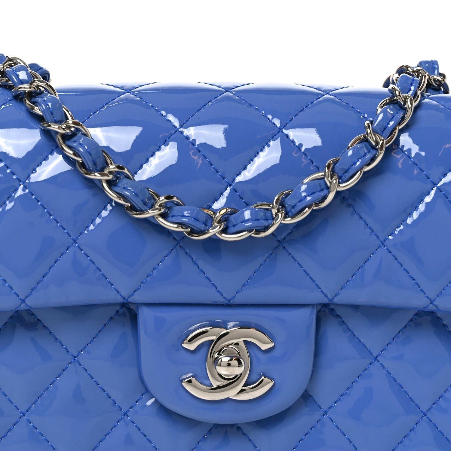 Patent Calfskin Quilted Mini Rectangular Flap Blue