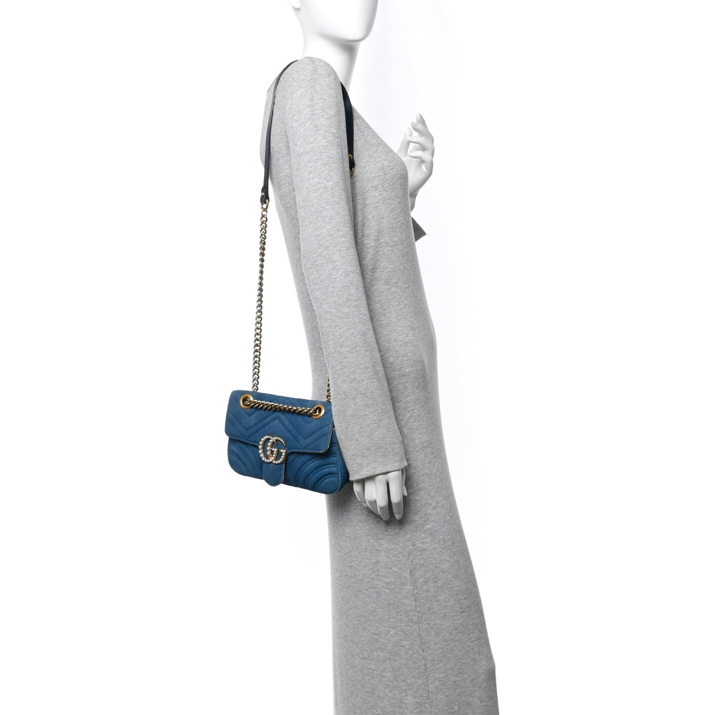 Denim Matelasse Mini Pearly GG Marmont Shoulder Bag Blue
