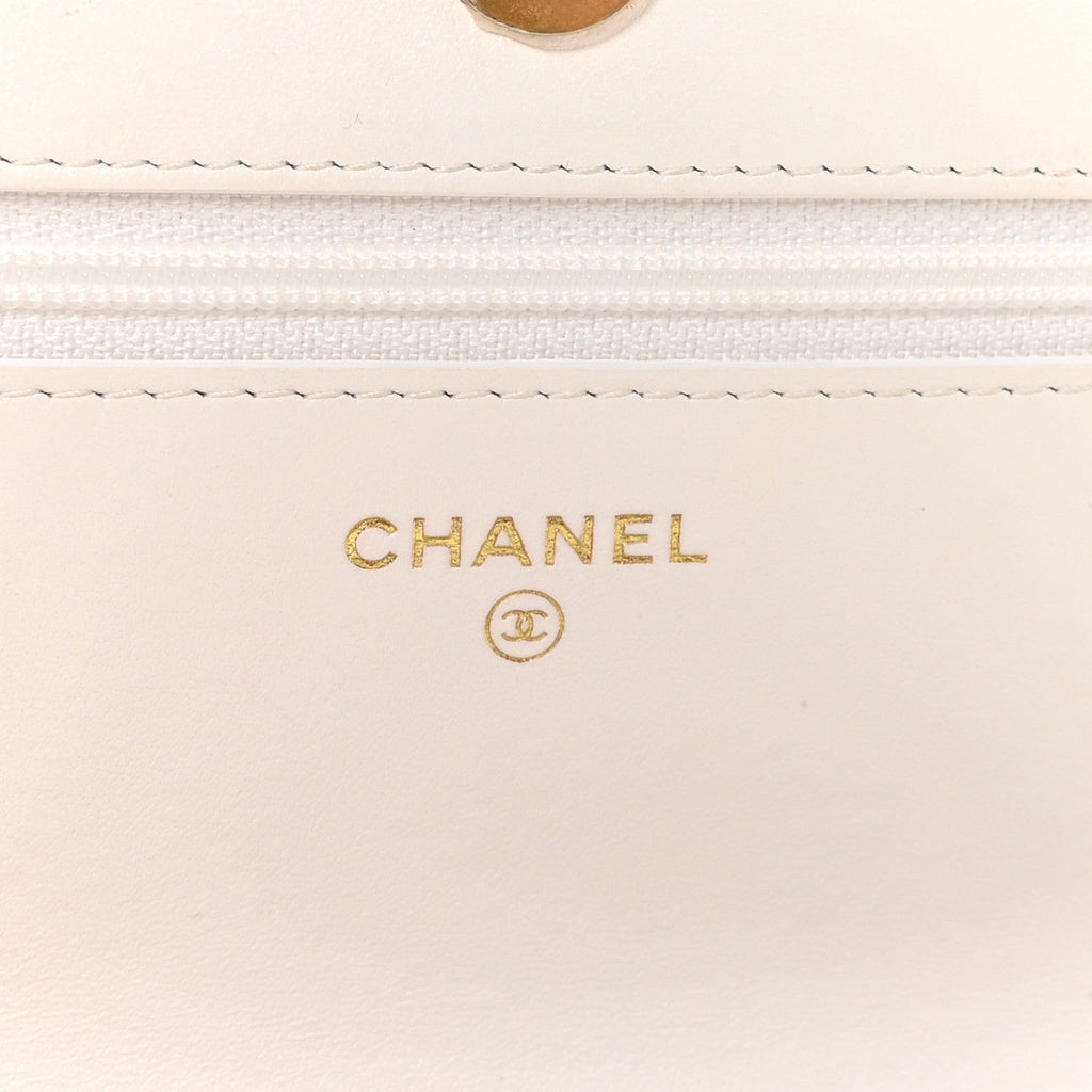 Shiny Crumpled Calfskin Quilted Chanel 19 Wallet On Chain WOC White