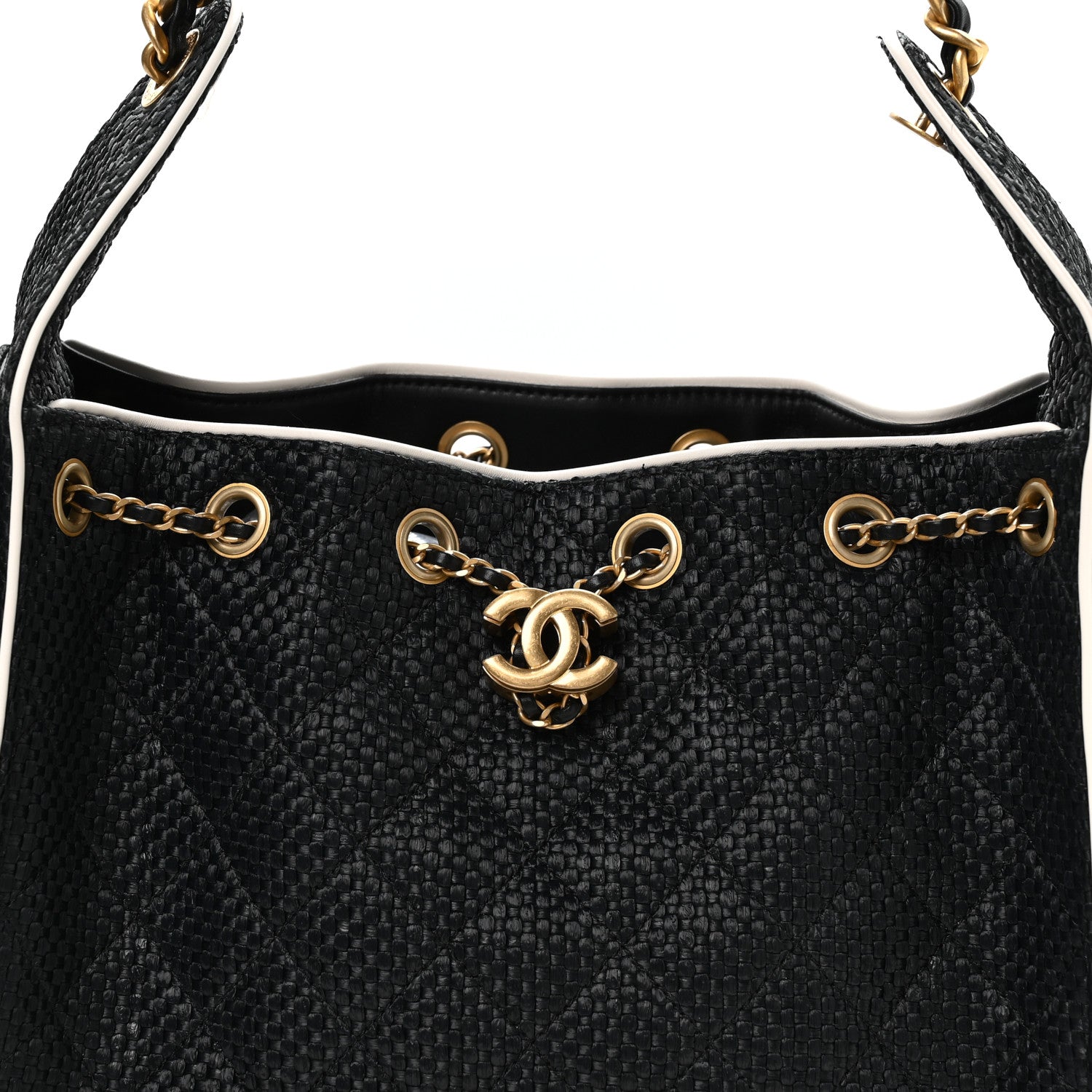 Braided Raffia Calfskin Small Chanel 25 Handbag Black White