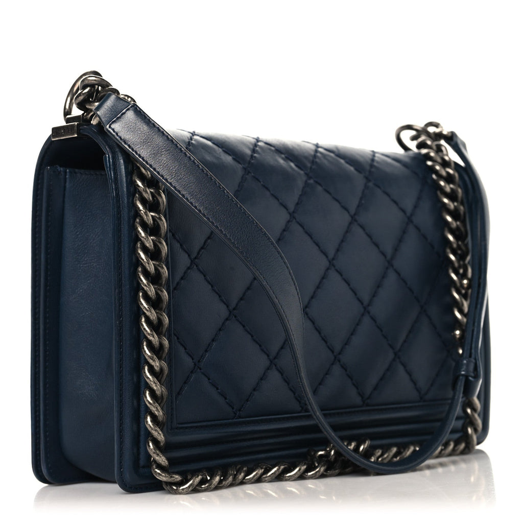 Calfskin Quilted Double Stitch New Medium Boy Flap Navy Blue
