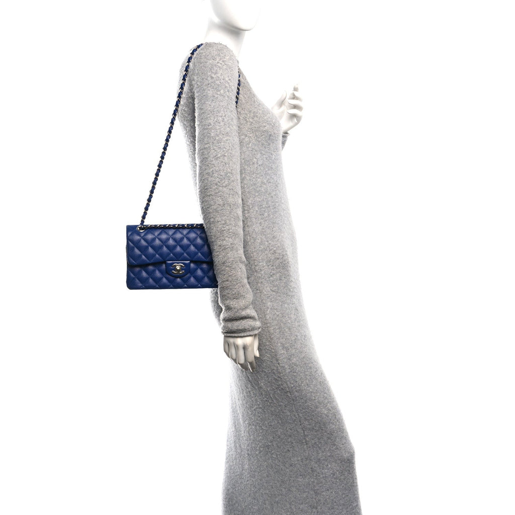 Caviar Quilted Small Double Flap Blue