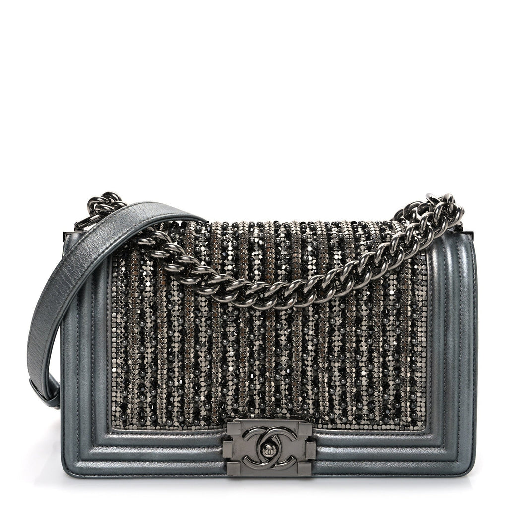 Metallic Lambskin Glass Pearl Embroidered Medium Boy Flap  Silver