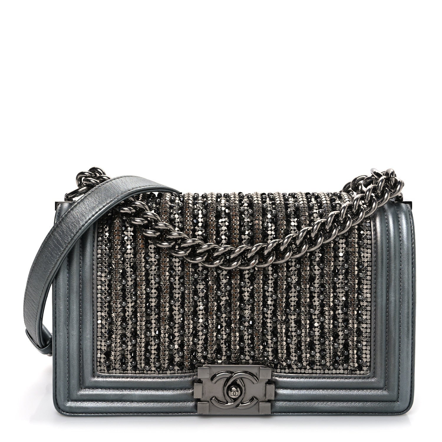 Metallic Lambskin Glass Pearl Embroidered Medium Boy Flap  Silver