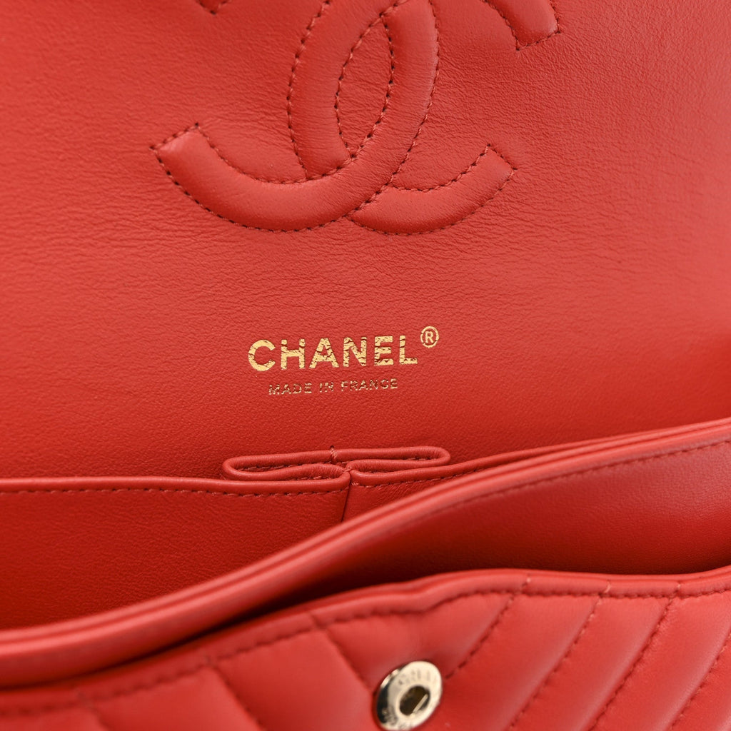 Lambskin Chevron Quilted Medium Double Flap Red