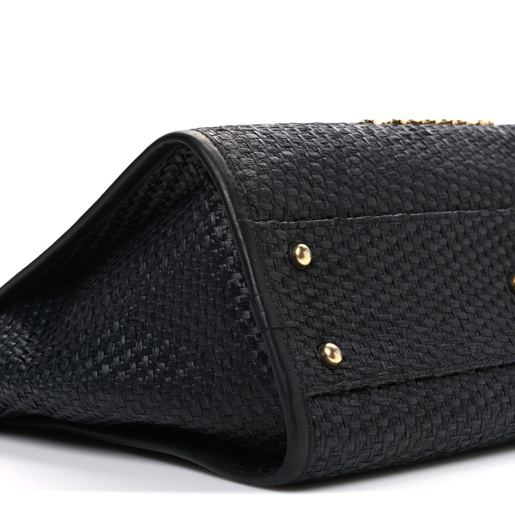 Straw Raffia Calfskin Chain Small Deauville Tote Black