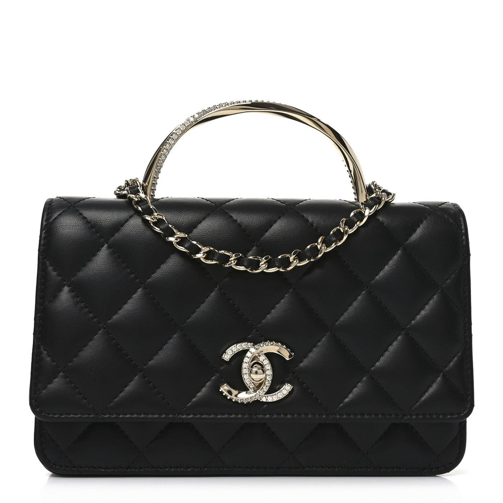 Lambskin Quilted Crystal Handle Wallet On Chain WOC Black