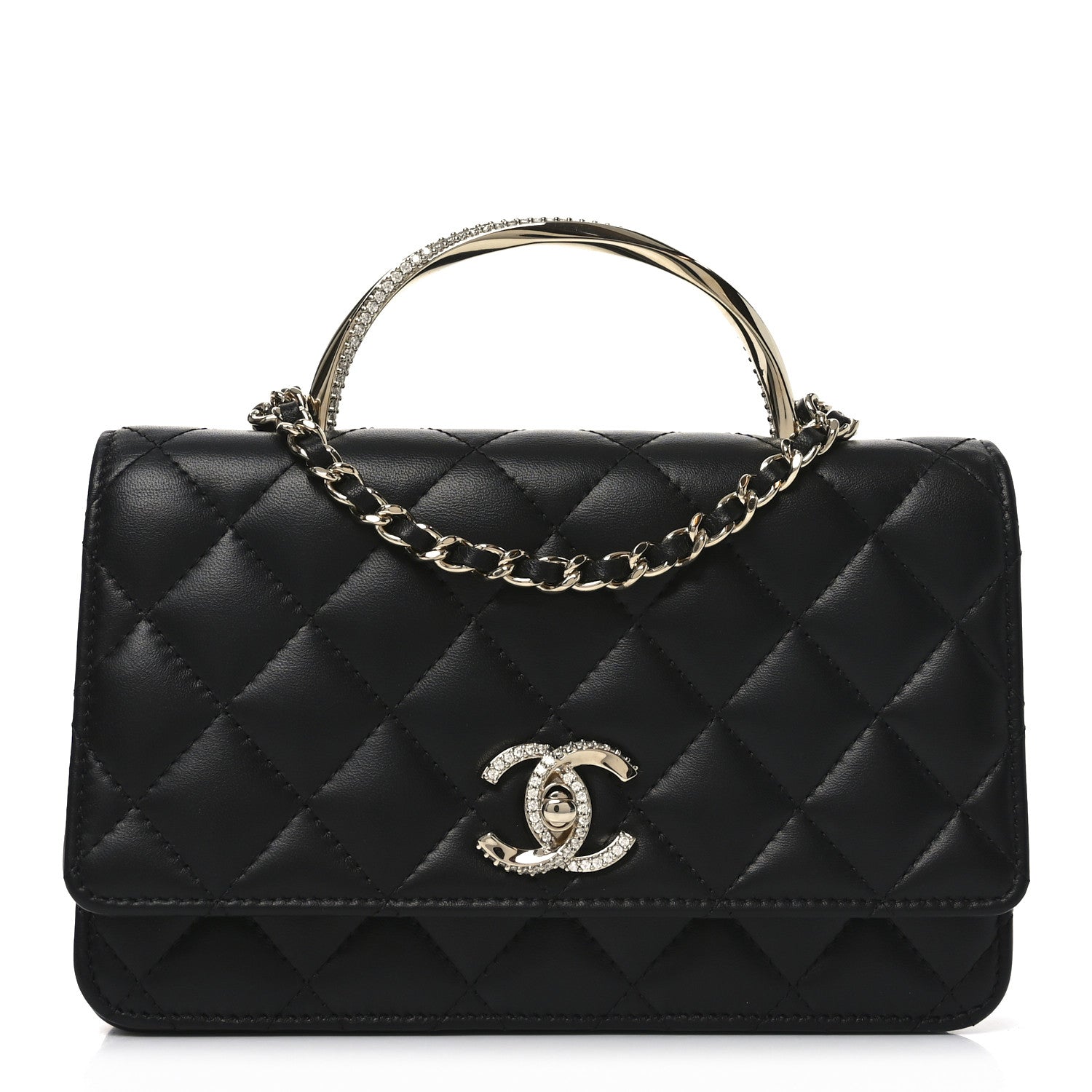 Lambskin Quilted Crystal Handle Wallet On Chain WOC Black