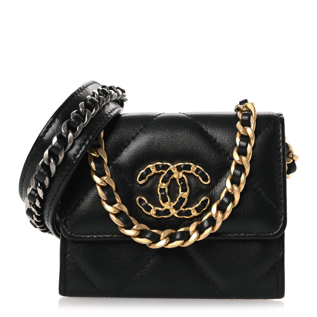 Lambskin Quilted Chanel 19 Flap Coin Purse With Chain Black