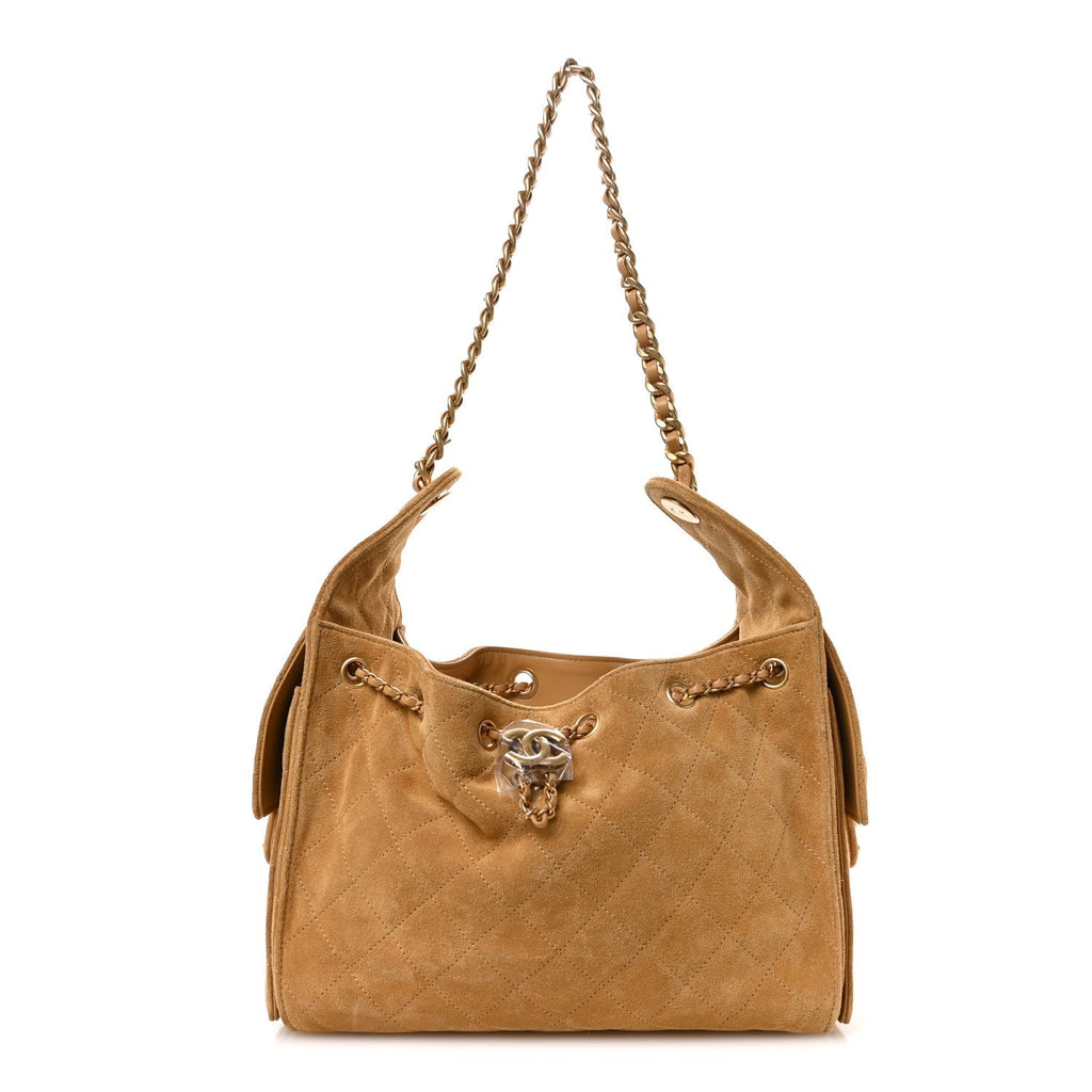 Suede Quilted Small Chanel 25 Handbag Beige