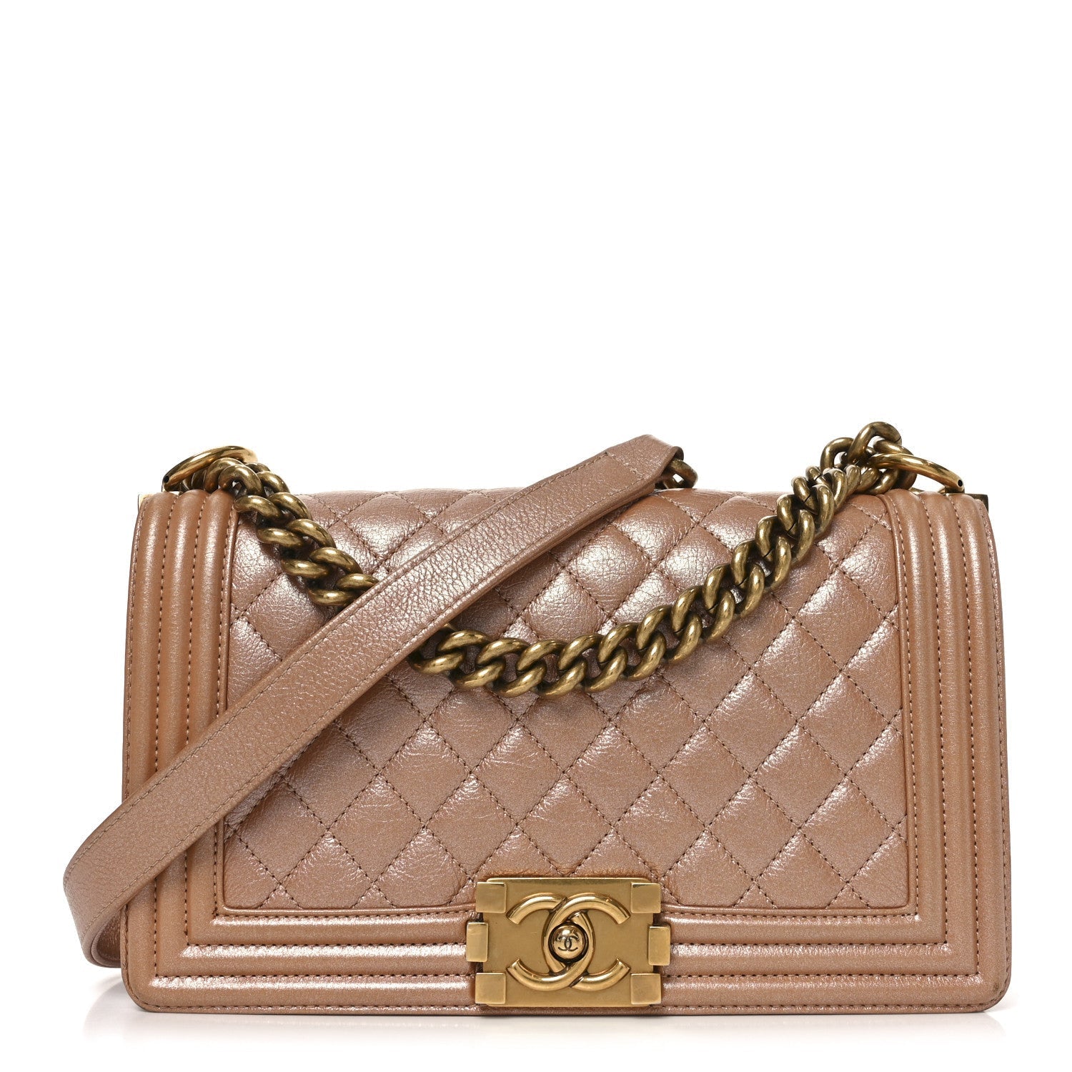 Metallic Calfskin Quilted Medium Boy Flap Dark Beige