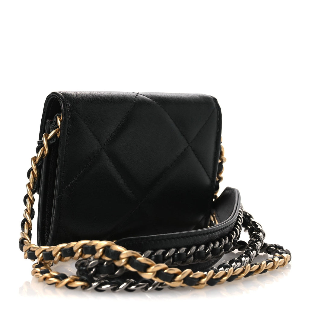 Lambskin Quilted Chanel 19 Flap Coin Purse With Chain Black