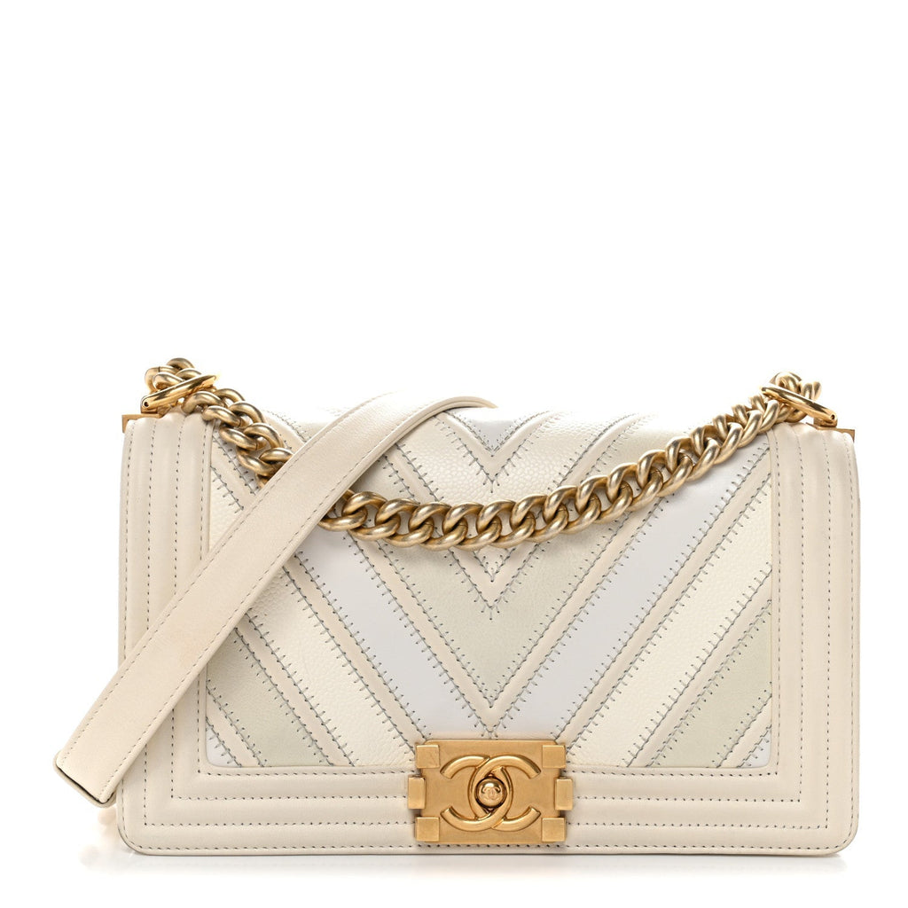 Caviar Suede Calfskin Chevron Medium Boy Flap White