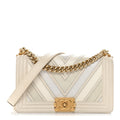 Caviar Suede Calfskin Chevron Medium Boy Flap White