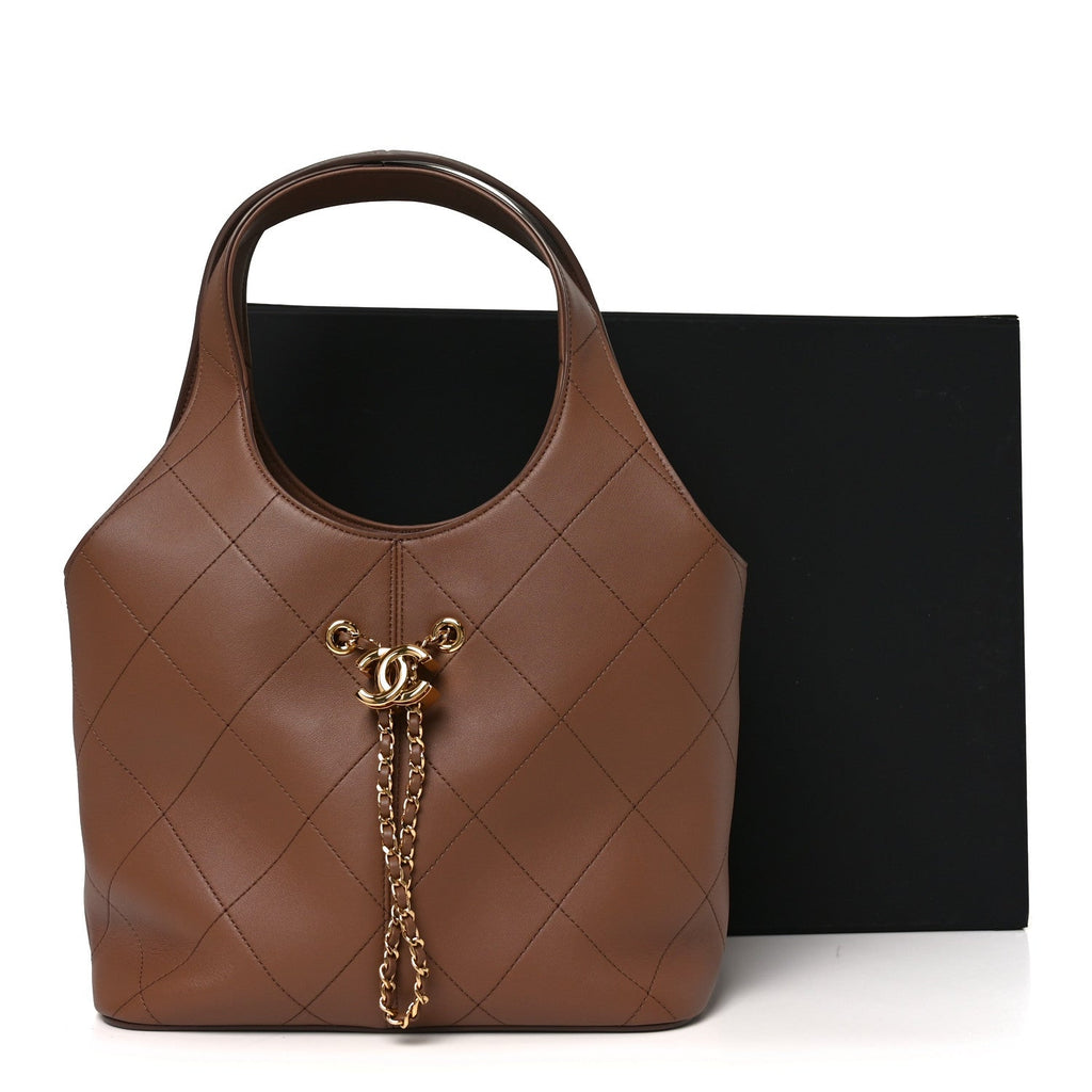 Calfskin Quilted Small Shopping Bag Brown