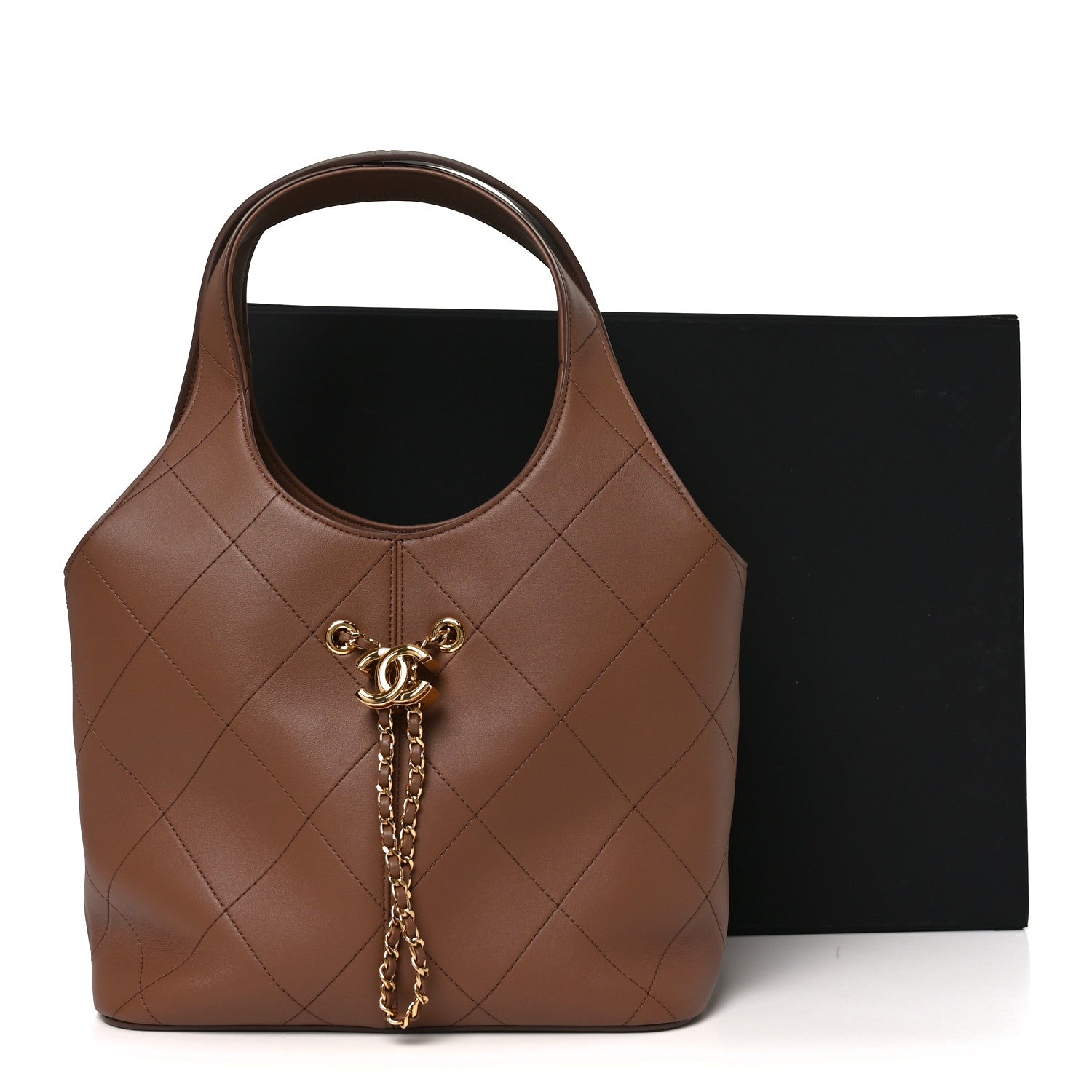 Calfskin Quilted Small Shopping Bag Brown